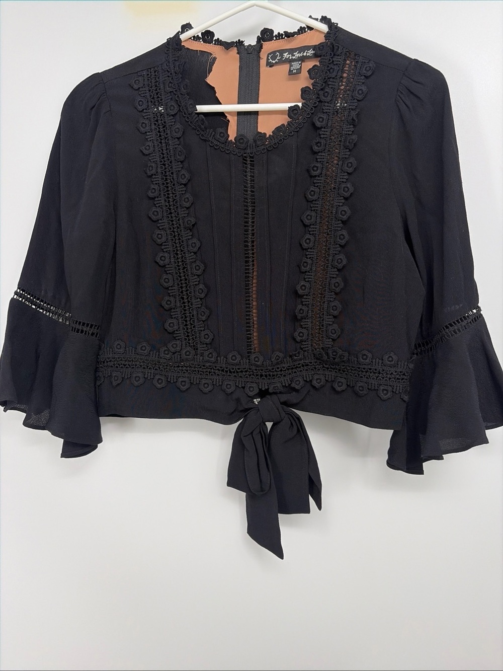 For Love & Lemons Black Crochet Tie Waist Bell Sleeve Crop Top Sz M EUC